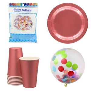 Metallic red 7in.plates,cups,CONFETTI BALLOONS*